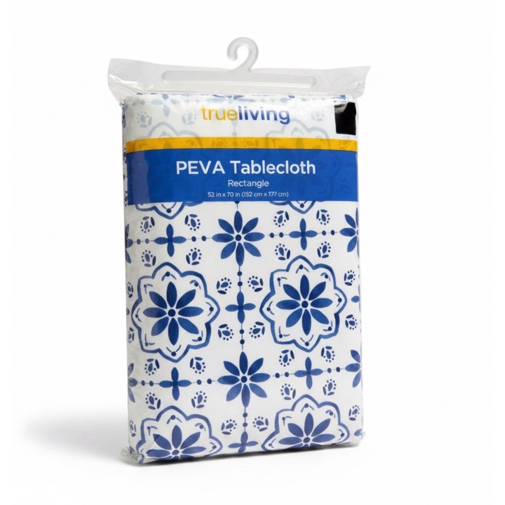 True Living Tablecloth Rectangle 52x70 Blue White NWT Capri Summer PEVA Floral